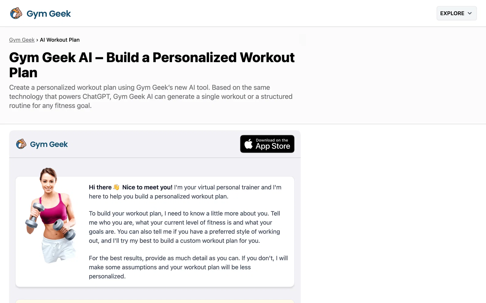 Gym Geek AI Homepage