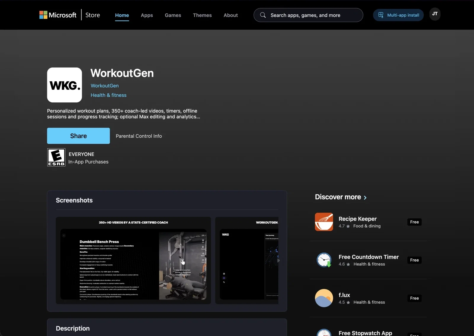 Official WorkoutGen listing on the Microsoft Store for Windows